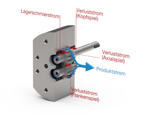 Chemie-Zahnradpumpe: Produktstrom und Verlustströme (Kopf-, Axial-, Flankenspiel)