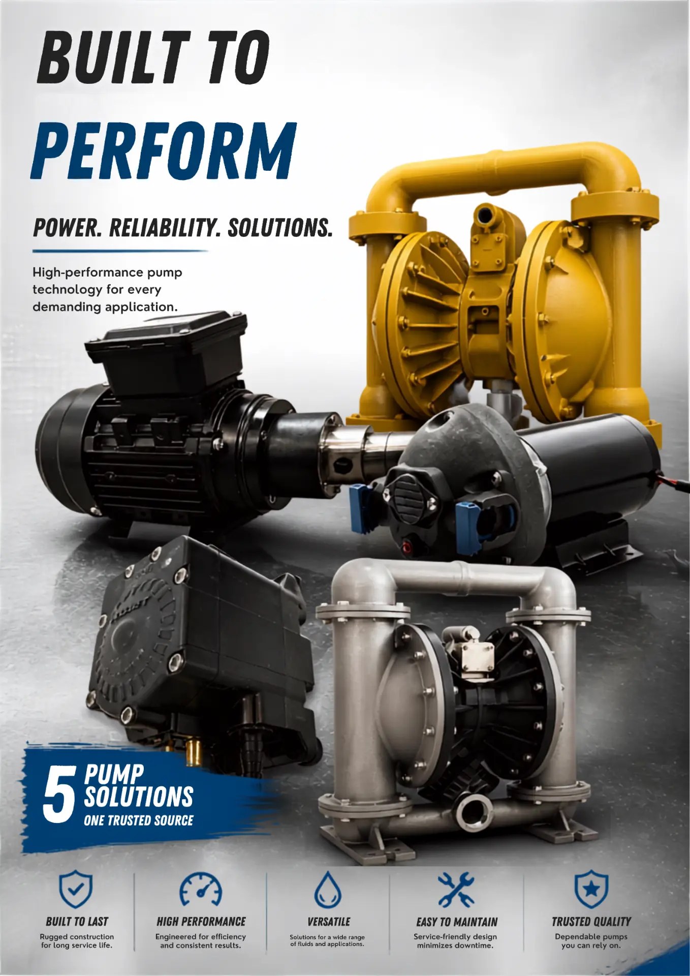 VIPTech industrial pumps: aluminium and stainless steel air-operated diaphragm pumps, motor-driven gear pump and compact pumps